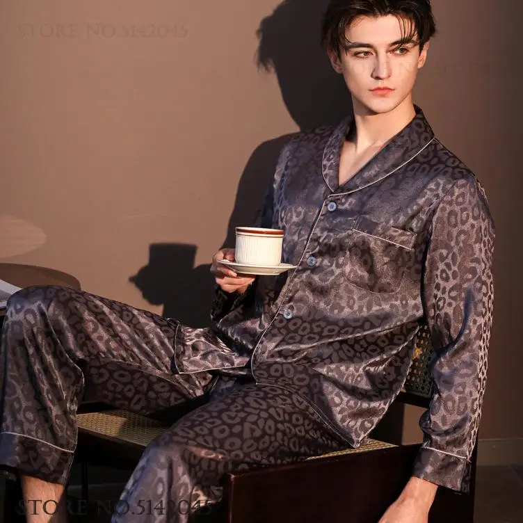 Large Size New Men's Pajamas Home Clothes Leopard Long Sleeved Shirt Trouser Suits Pijamas Loose Casual Satin Pyjamas Loungewear