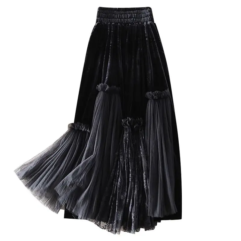 French Vintage Black Pleated Half length 2023 Autumn Mid length High Waist A-line Skirt Spliced Umbrella Skirt