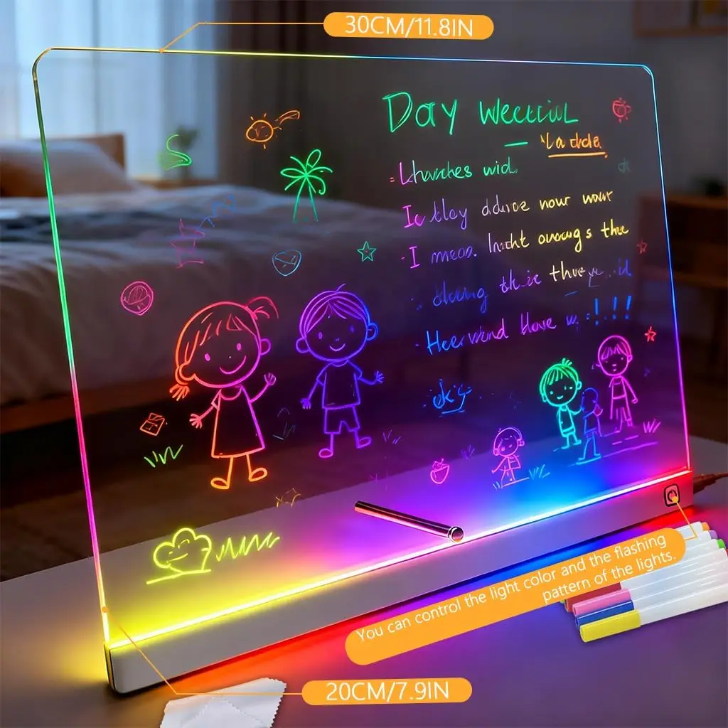 LED Drawing Board with 7 Colors & 3 Light Modes, Erase Note Board Includes Stand, 7 Markers, Perfect for Holidays and Birthday