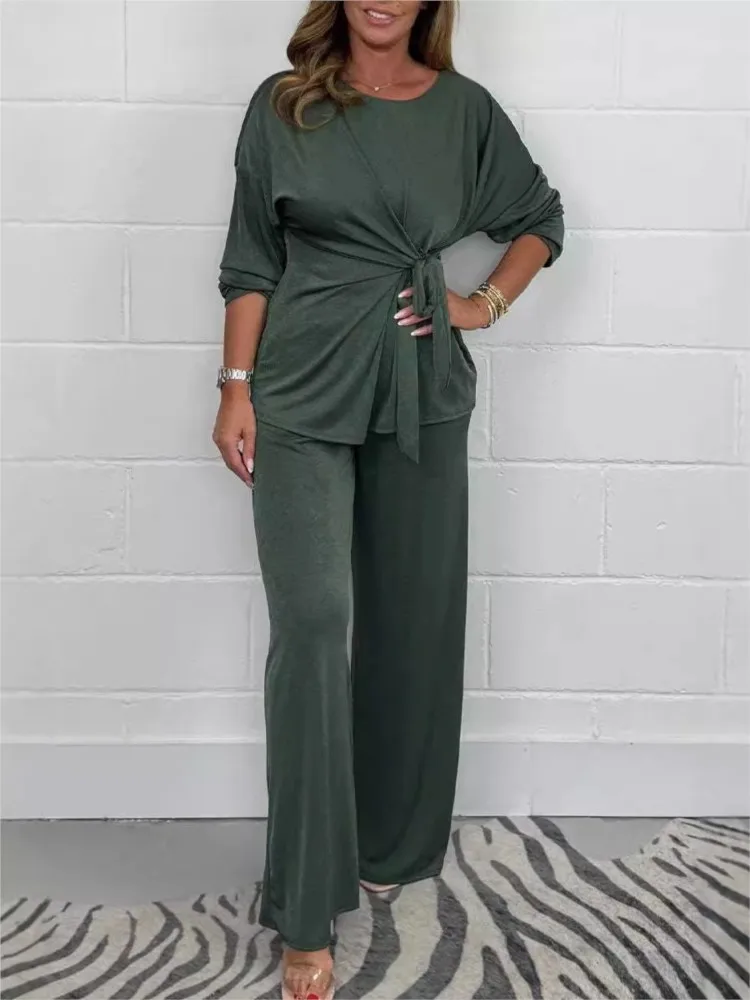 

2024 Spring Autumn New Women's Clothing Solid Color Fashion Lace Up Casual Comfortable Long Sleeve Top Pants Set