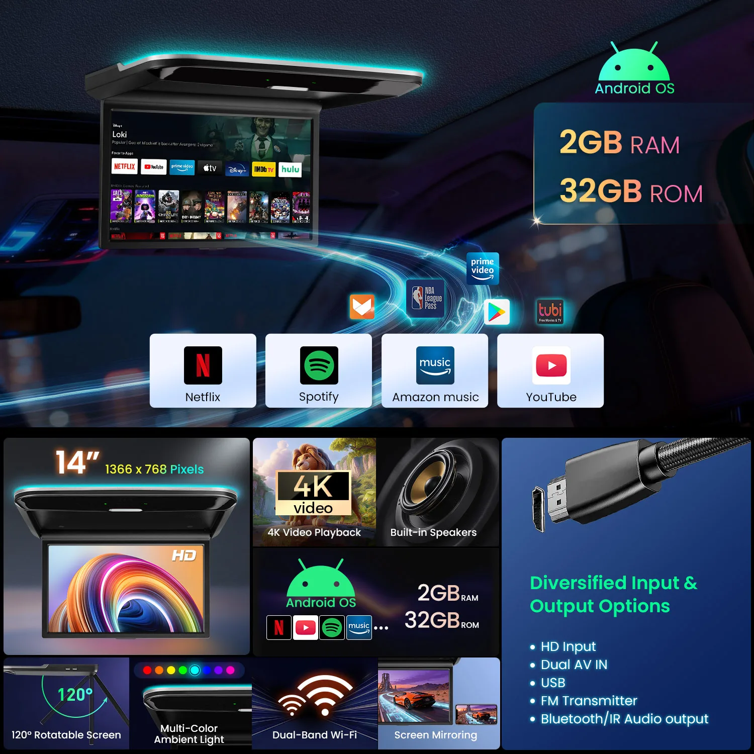XTRONS Reproductor Multimedia para Techo de Auto de 14" con Android 12, Pantalla HD Abatible, Monitor de Auto con Video 4K, Montaje en Techo, WIFI, Quad Core, 2+32GB 2