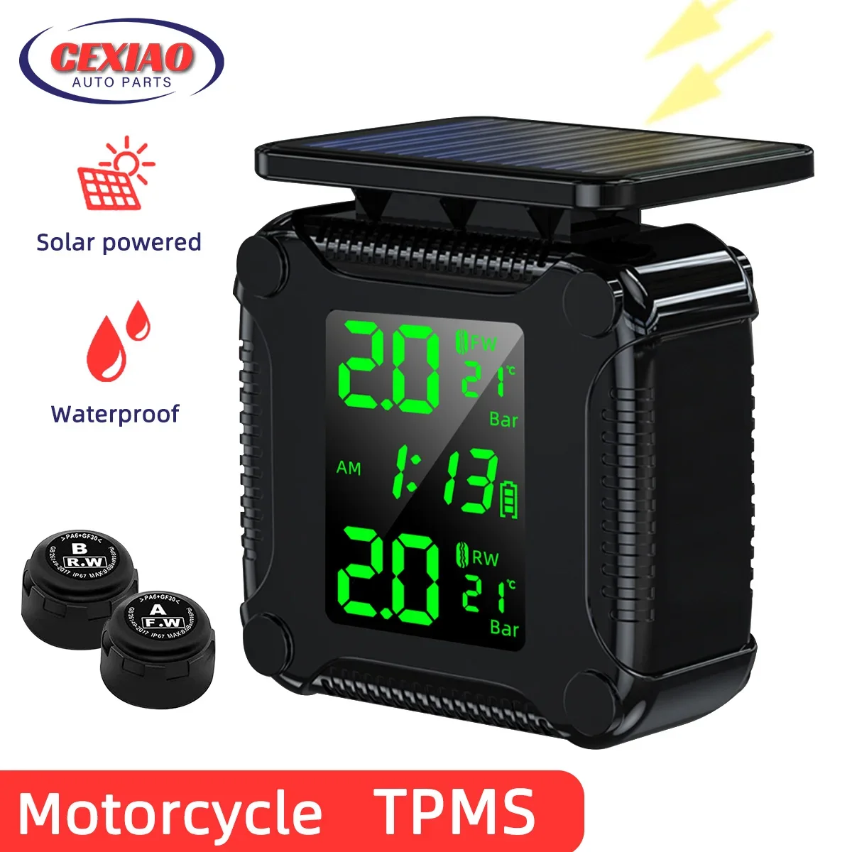 TPMS Tire Pressure Monitoring System Motorcycle Solar Charge Tyre Temperature Alarm Sensor  Colorful Display Wireless