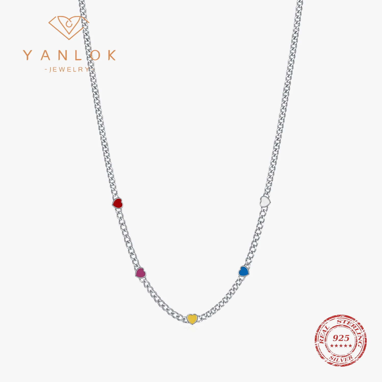 

YANLOK 925 Sterling Silver Simple Colorful Enamel Heart Choker Necklace For Women Girls Party Fine Jewelry Accessories