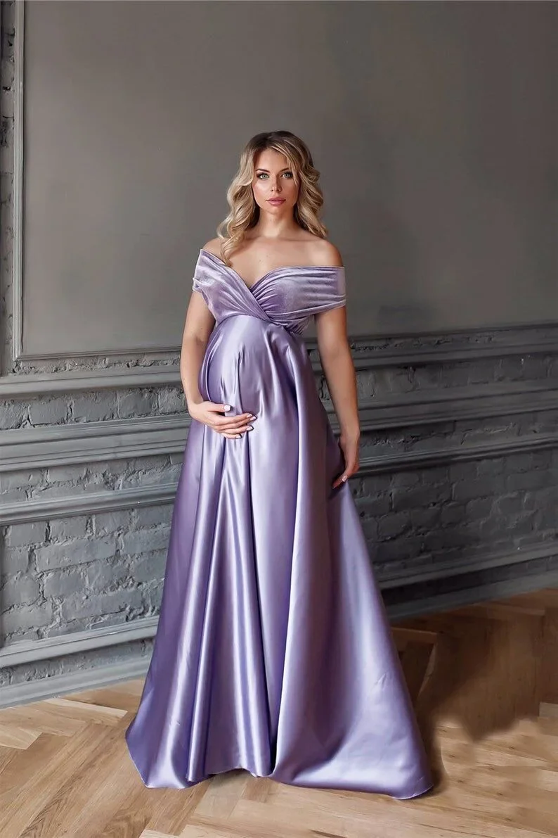 2024 Silk Maternity Dress Photography Long Dress Slash Neck Satin Baby Shower Dresses Pregnancy Dress For Photo Shoot