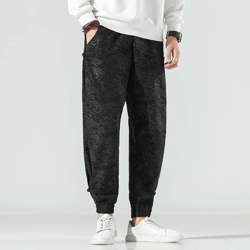 

2025 Autumn Men Black Harem Pants Men Elastic Waist Loose Casual Trousers Men Oversize Streetwear Fashion Jacquard Long Pants