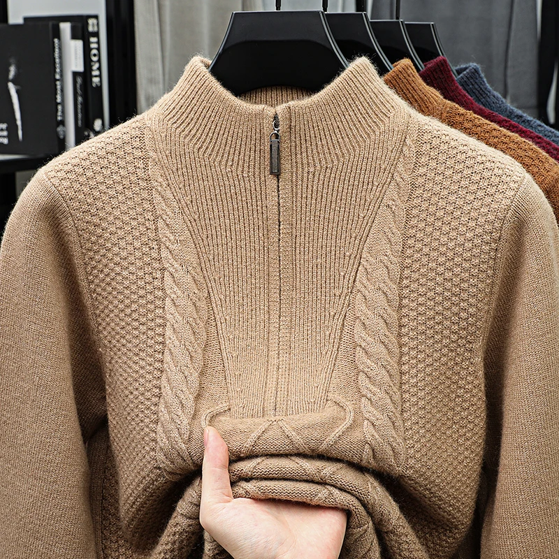 

Thick Men Mock Neck Sweater 2025 Autumn Winter Trendy Argyle Warm Jumper Long Sleeve Male Zipper Knitwear Pullover Tops
