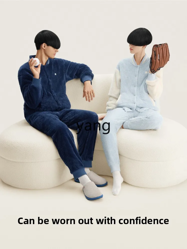 Yjq men's and women's loungewear set coral fleece thickened fleece warm autumn and winter pajamas