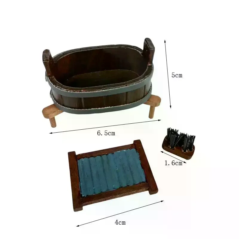 Dollhouse Miniature Wooden Barrel Washboard Brush Three-Piece Set Laundry Scene Micro Landscape Ornaments Pretend Play Toys