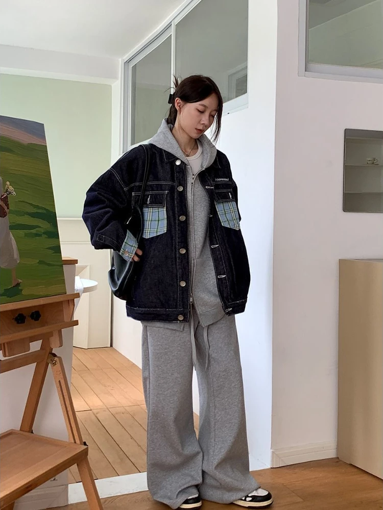 سترة أمريكية عتيقة من قماش الدنيم مع حواف منقوشة معطف ريترو مرقع للنساء عصري كاجوال كبير الحجم طراز التسعينيات