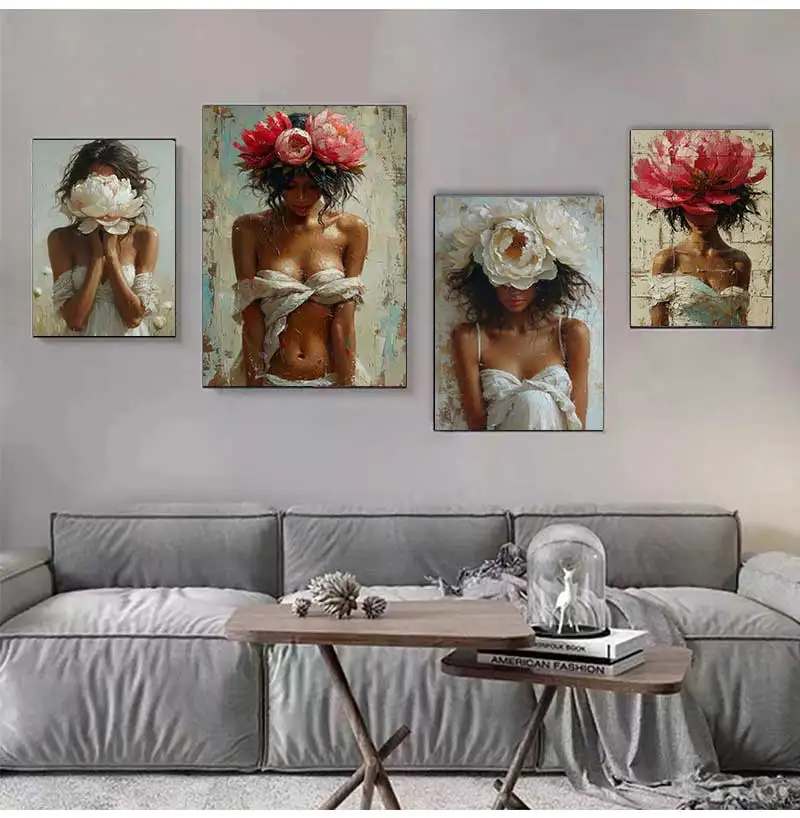 Fashion Style Boho Girl Flower Crown Posters Canvas Painting Aesthetic Wall Art Pictures Luxury Artwork Living Room Home Decor