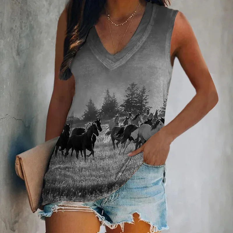 Summer Fashion Horse 3D Print Tank Tops Women Streetwear Casual Oversized V-Neck Vest Off Shoulder Sleeveless Woman Camisole