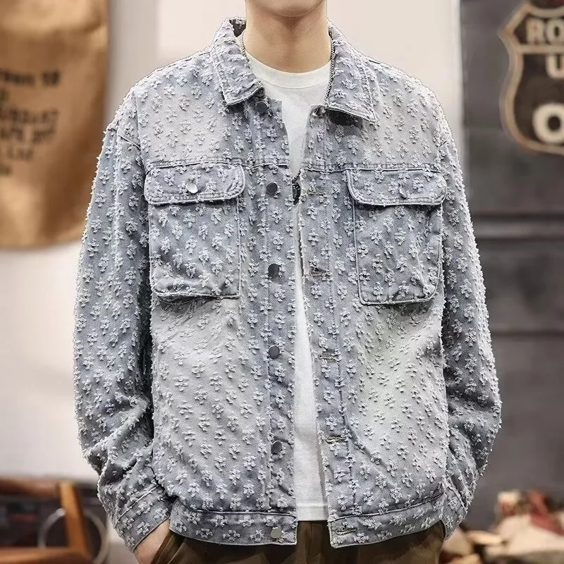 

Spring Autumn Men's Turn Down Collar Denim Jacket Vintage Couples Workwear Versatile Patchwork Streetwear Cowboy Coats