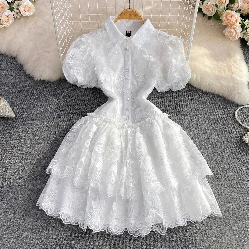 Women Cake Dress Mini Dresses White Lace Floral A Line High Waist Elegant Party Wedding Puff Ssleeve Night Evening Vestidos