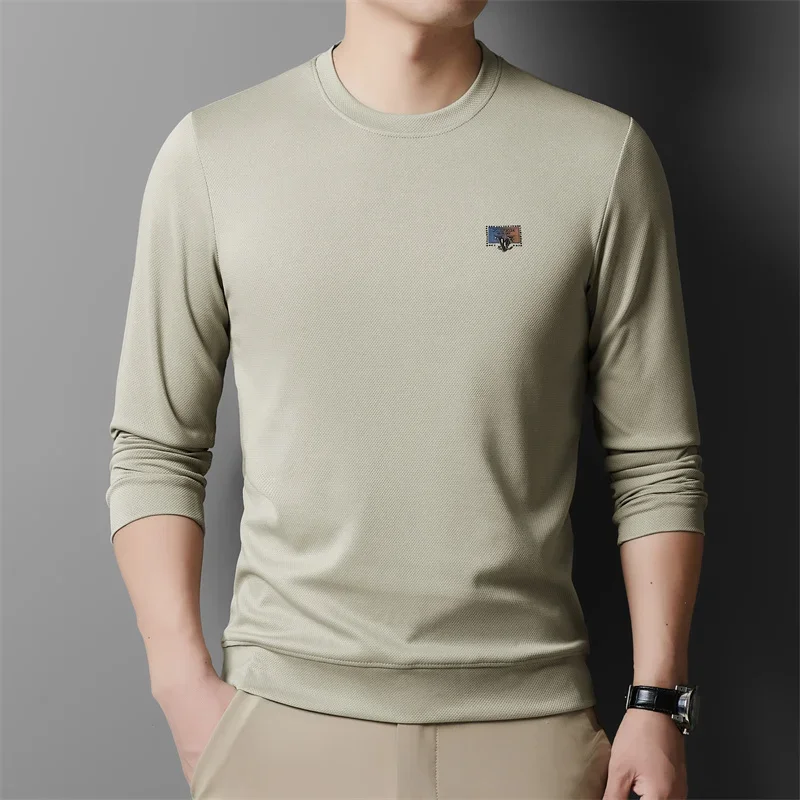 Autumn Men's Business Casual Sweater Crew Neck Pullover Elastic Anti-Wrinkle Top Bottom Long Sleeve T-Shirt