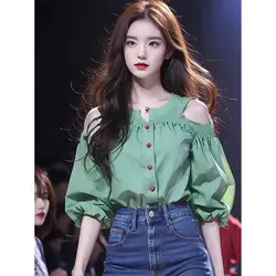 Green Off-shoulder Round Neck Puff Sleeve Shirt for Women Casual Versatile Button Splicing Cardigan Top 2025 Summer New Style