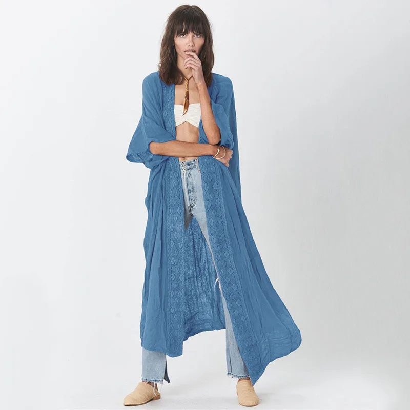 جديد سلوب القطن الدانتيل طويل كيمونو بيكيني يغطي المنبثقة الصلبة شاطئ فستان المرأة الصيف بحر لباس سباحة التستر