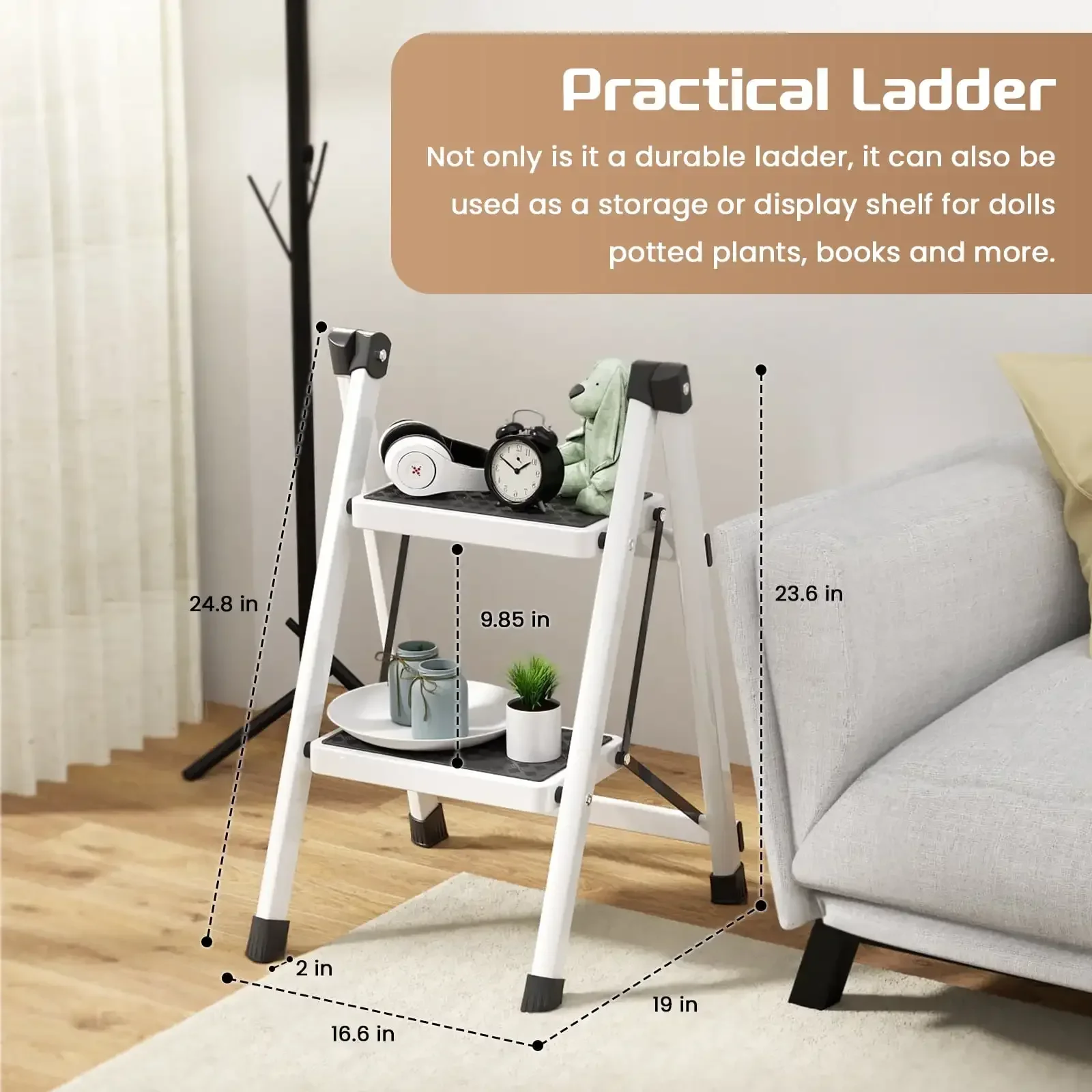 2 Step Ladder, Adult Folding Step Stool, 330 lbs Weight Capacity, Portable Lightweight Sturdy Steel Ladder, Wide Non-slip Steps