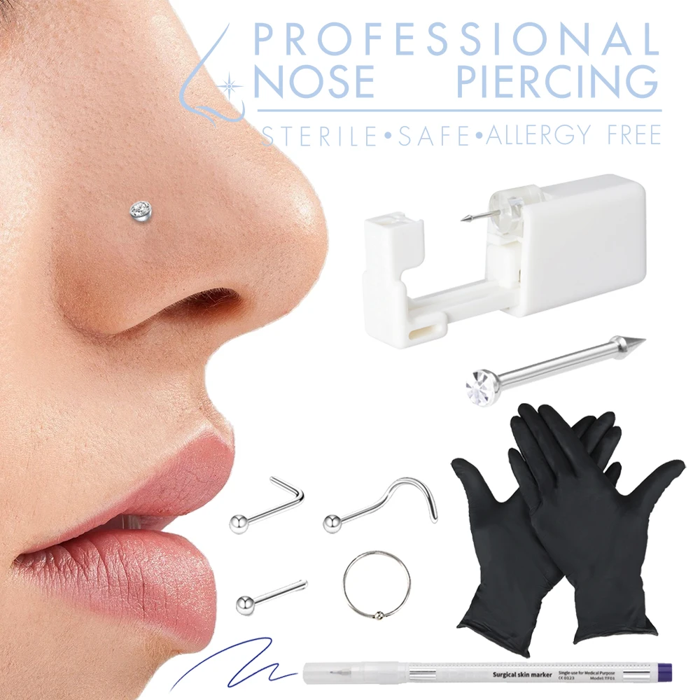 

Disposable Nose Piercing Gun Kit with Stud and Ring Set Crystal Gem Nostril Piercing Machine Painless for Women Men Nose Pierer