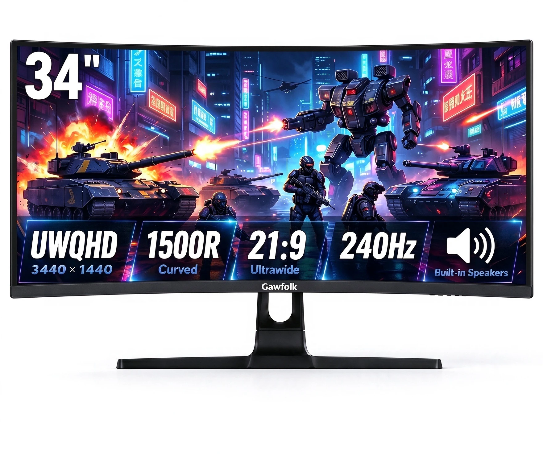 Gawfolk 34-inch Curved Ultrawide Gaming Monitor, 3440x1440, 240Hz, VA, QHD, UWQHD, FreeSync