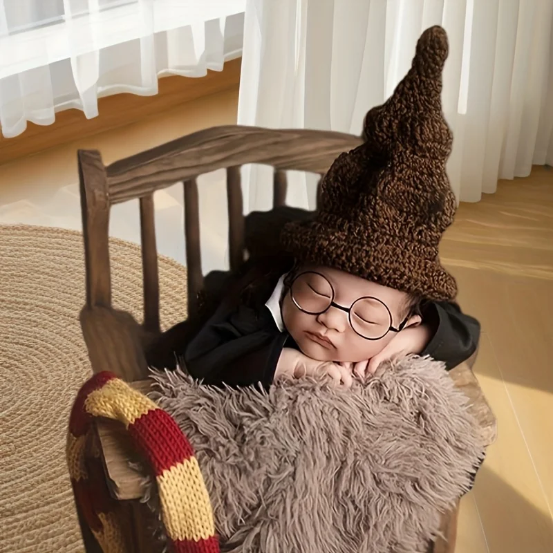 1 Set Cute Wizard Newborn Photography Props  Mixed Color Knitting Hat Scarf and Magic Wand Set for Infant Shooting Accessories view 3