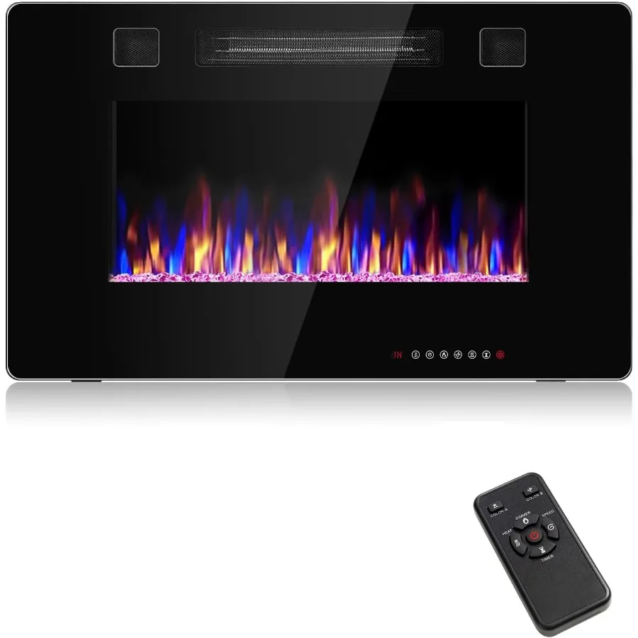 30 مدفأة كهربائية مثبتة على الحائط مع جهاز تحكم عن بعد، مؤقت 18 ساعة، واجهة شاشة تعمل باللمس 12 لهب قابل للتعديل S