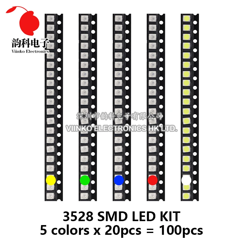 100 шт., 5 цветов, каждая 20 шт., 5730, 5050, 3528, 1210, 1206, 0805, 0603, 0402, SMD светодиодный, набор диодов красного, зеленого, синего, белого,