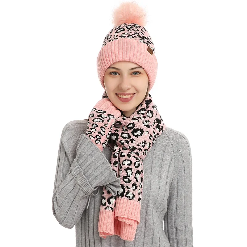 Fashion Trends Knitted Women's Leopard Pattern Luxury Hat, Scarf and Glove Winter Warm Three Piece Set Clothing Accessories Gift