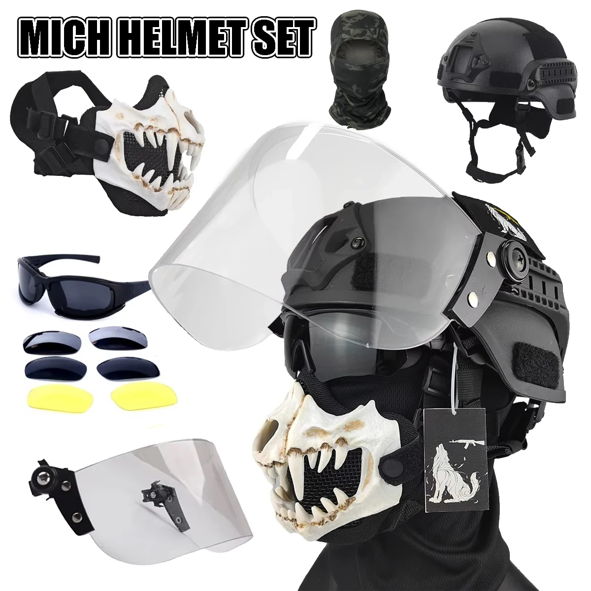 

Tactical MICH Helmet Airsoft Half Face Mesh Skeleton Mask Set with Goggles Airsoft Protection Mask Outdoor Hunting Shooting Gear