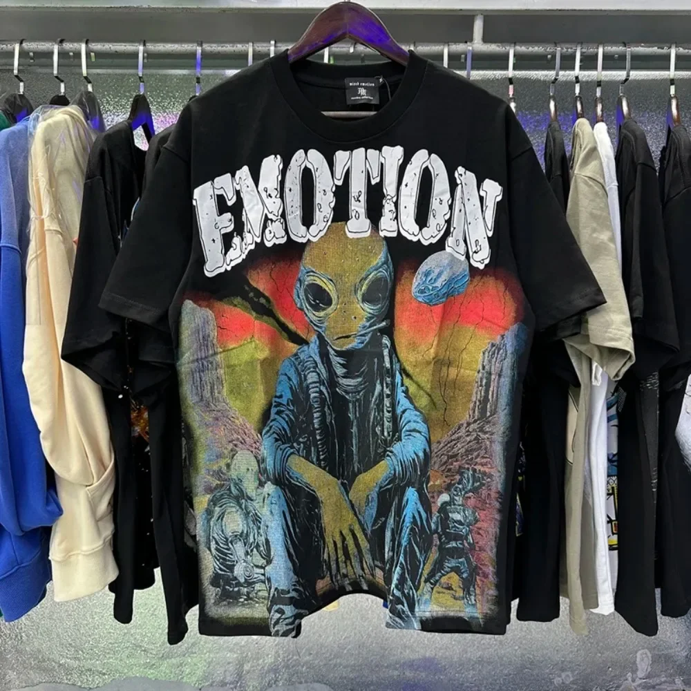

2025 Summer MIXED EMOTION T Shirts Alien Print Letter Round Neck Men's Streetwear Loose Cotton casual Oversized Short Sleeve Tee