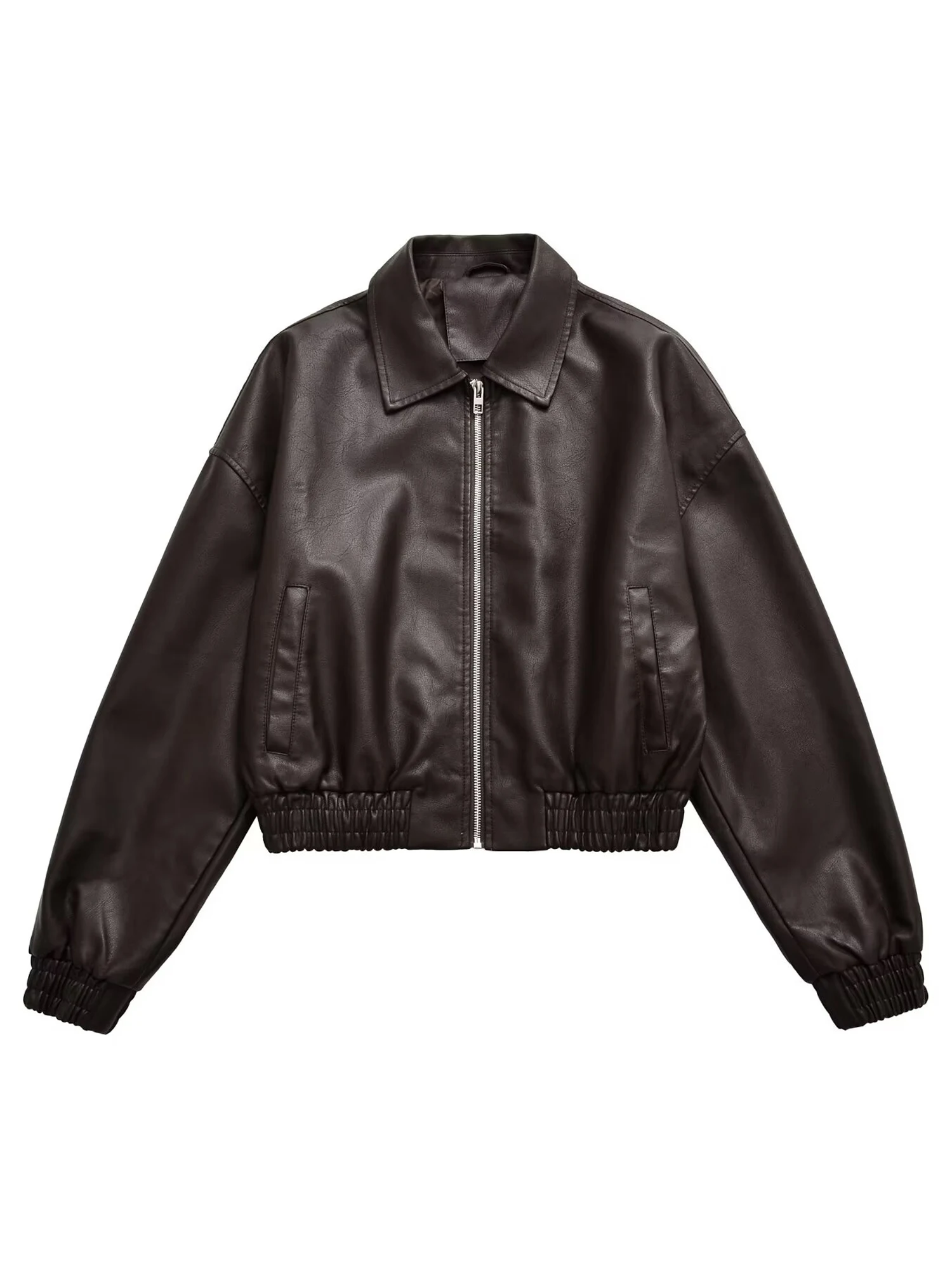 Vintage PU Leather Bomber Jackets 2025 Autumn New Ladies Zipper Lapel Long Sleeve Pocket Coat Brand Women's Loose Streetwear Hot