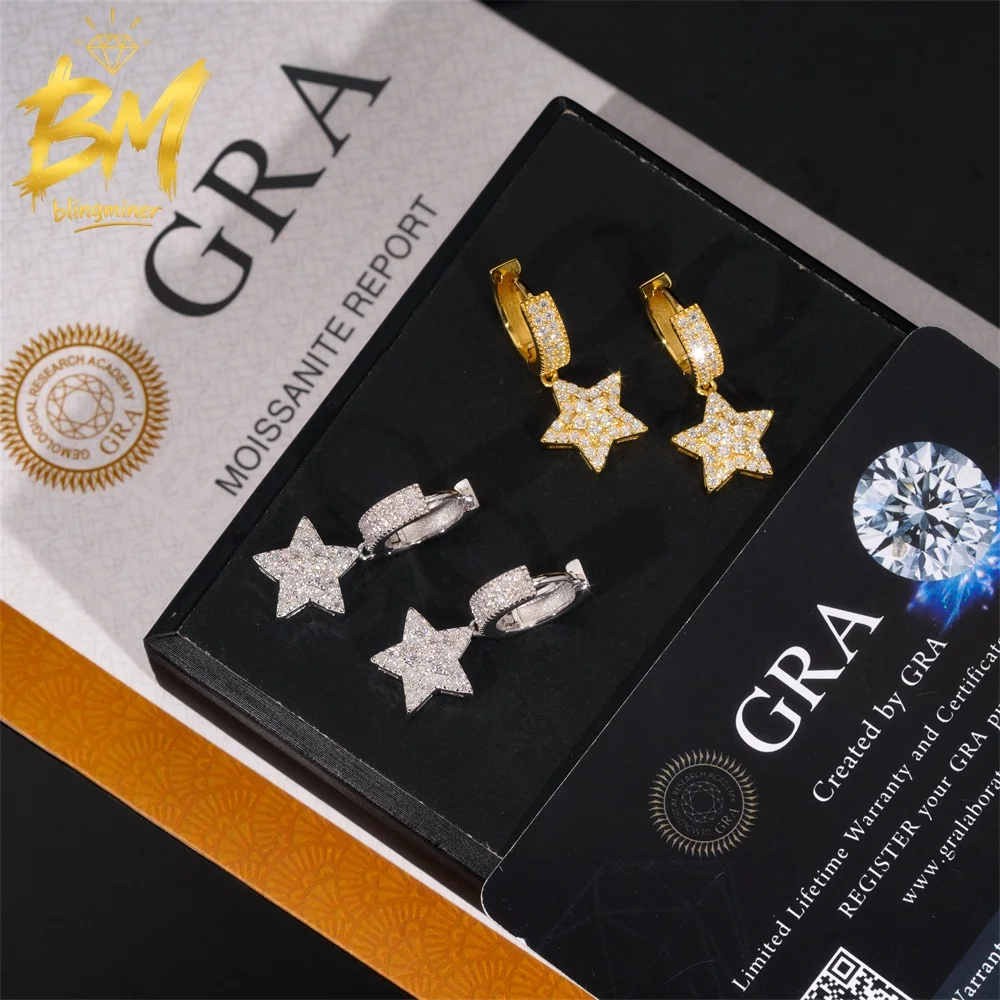 Blingminer Star Drop VVS Moissanite Earrings For Men Women S925 Silver Ear Studs Pass Diamonds Tester GRA Free Shipping