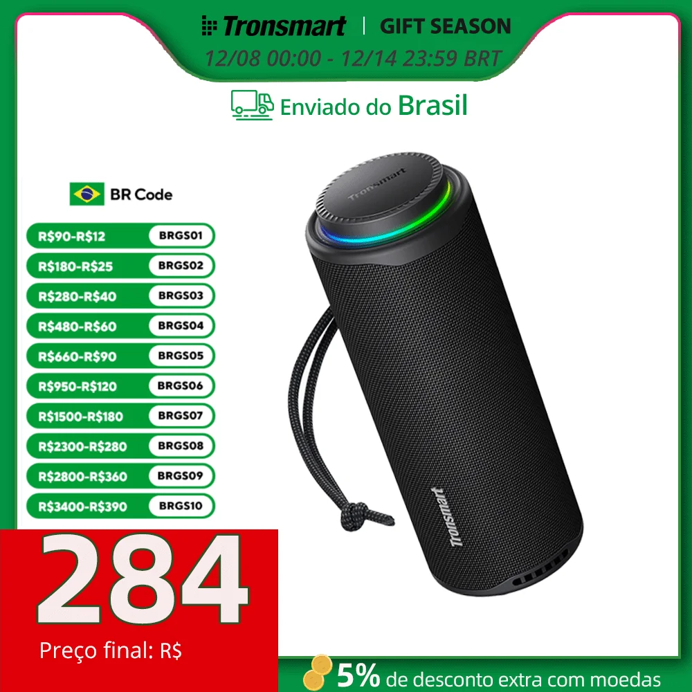 Tronsmart T8 caixa de som, Alto-falante portátil Bluetooth com graves profundos, 40W, som de 360 graus, IPX7 à prova d'água