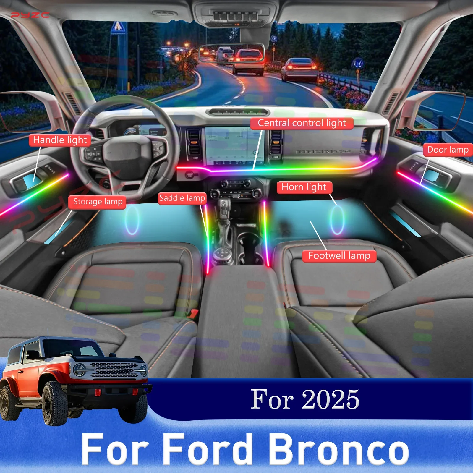 

Для салона автомобиля Ford Bronco, окружающее освещение для настроения, RGB, 64-цветный светодиодный набор для установки атмосферы на 2025 год