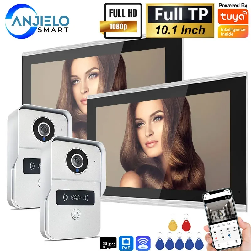 1080P Tuya Sistema videocitofonico IP da 10 pollici Touch Screen Wifi POE Campanello cablato per controllo accessi RFID piatto villa