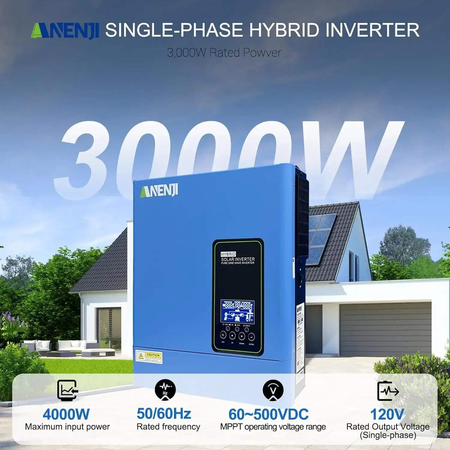 3000W Hybrid Inverter, 24Vdc to 110Vac Solar Inverter Charger Built-in 80A MPPT Controller, Pure Sine Wave PV Power Converter, S
