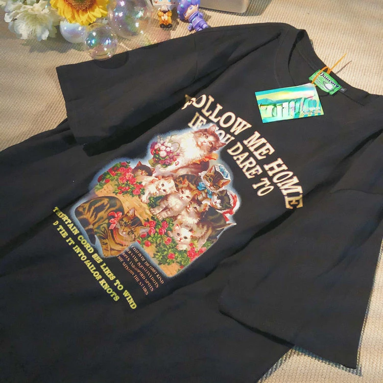 التي شيرت امرأة المتضخم القمم 2022 ريترو لطيف القط طباعة المرأة تي شيرت الأوروبي قصيرة الأكمام س طوق فضفاض دنة الإناث تي شيرت