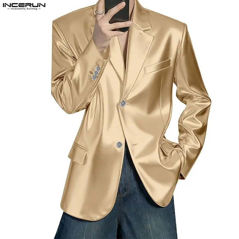 INCERUN Mannen Blazer Effen Kleur Glanzende Revers Lange Mouw Knop Mannelijke Pak Streetwear Party Nachtclub Fashion Casual Dunne Jassen Mannen