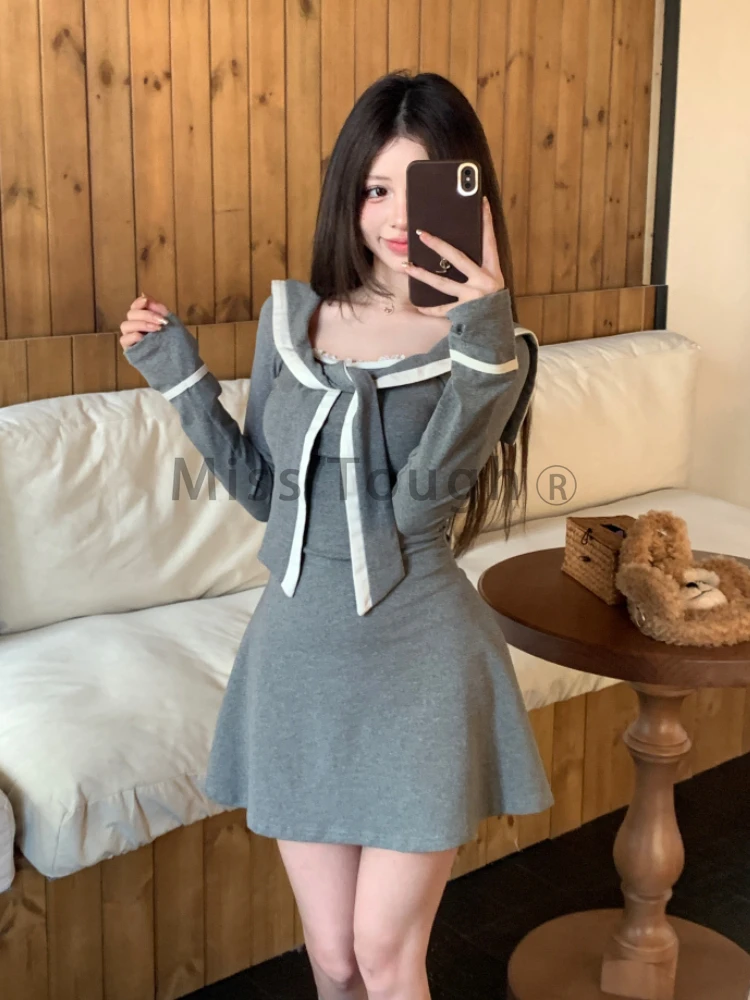 Sweet Sailor Collar Long Sleeve Dress Women Autumn 2024 New Elegant Slim A- Line Dresses Japanese Kawaii Patchwork Clothes Party