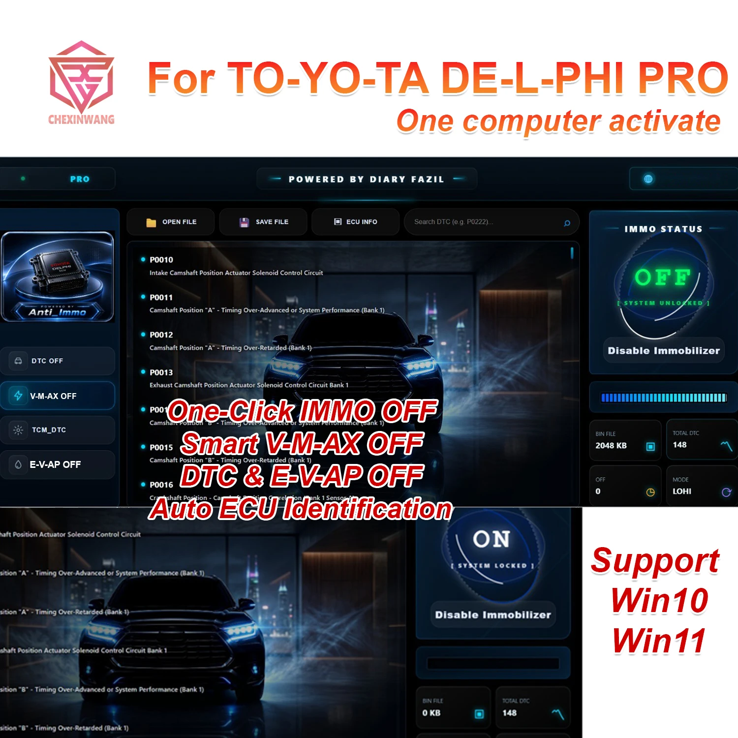 For TOYOTA DELPHI PRO ECU Solution Software for IMMO OFF/Smart V-MAX OFF ​Advanced DTC & E-VAP OFF ​Auto ECU Identification