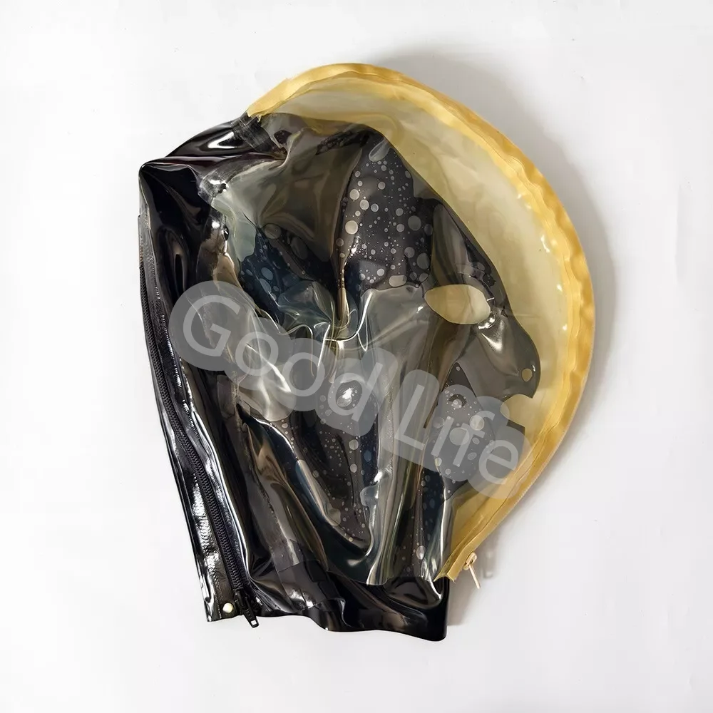 Latex Rubber Gimp Hood Black and Fixed Transparent Color  With front and Rear Zipper