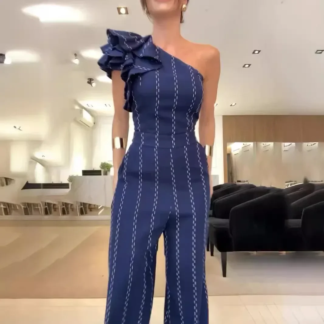 Jumpsuit Women Stripe Rompers Skew Collar Sleeveless Pockets Female One Piece Wide Leg Pants 2024 Summer Jumpsuits Office Lady