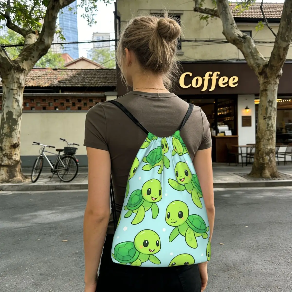 Adorable Cartoon Sea Turtle Backpacks Portable Drawstring Bags Sports Bag Book Bags for Man Woman School