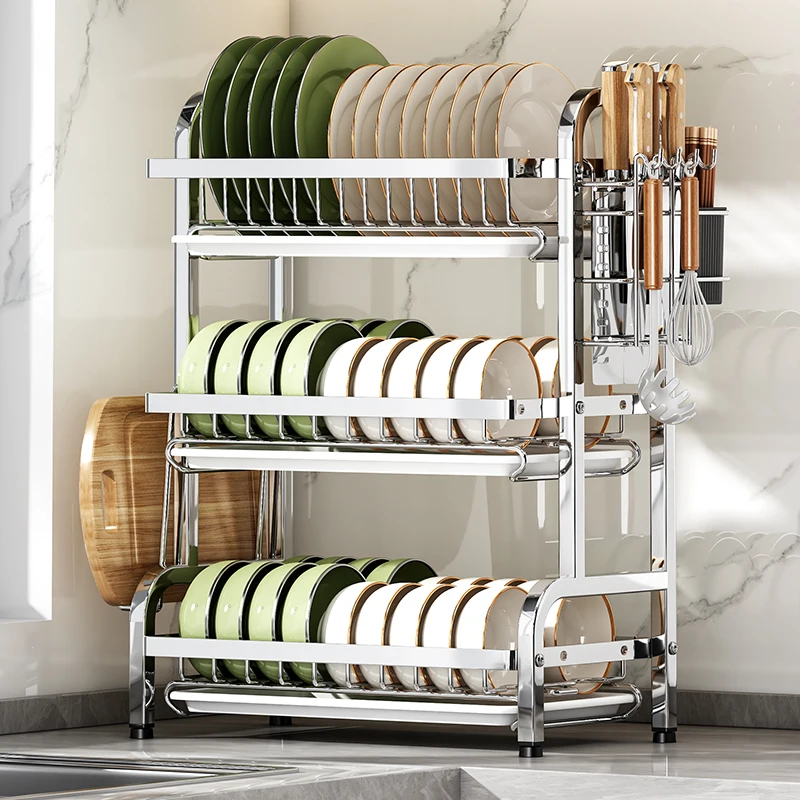 Stainless Steel Dish Dryer Rack, Compact Kitchen Dish Rack, Scraper Set, Large Rust Proof Dish Scraper With Utensils Holder