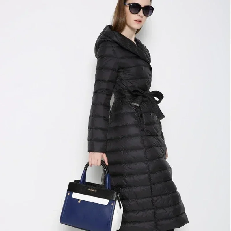 Longline Women's Winter Jacket Down Padded Quilted Hooded Belted Double Breasted Casual Warm Trendy Fashion Classic Hot Coats