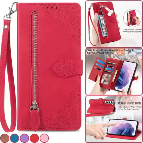Zip Wallet Card Cover For Samsung Galaxy S25 S24 S23 S22 Ultra S21 FE S20 Plus Note 20 A55 A35 A15 Magnetic Leather Phone Case