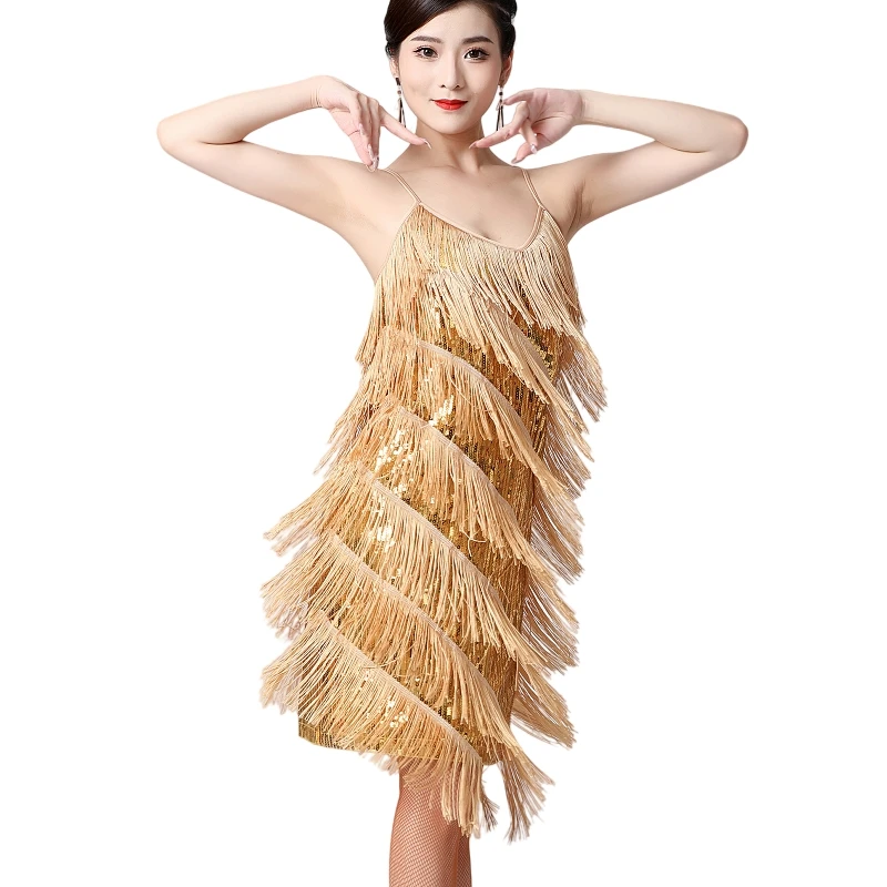 Women Salsa Latin Dance Dress Sequin Tassel Fringe Flapper Dress 1920s Gatsby Cocktail Dress Tango Ballroom Dancing Costume