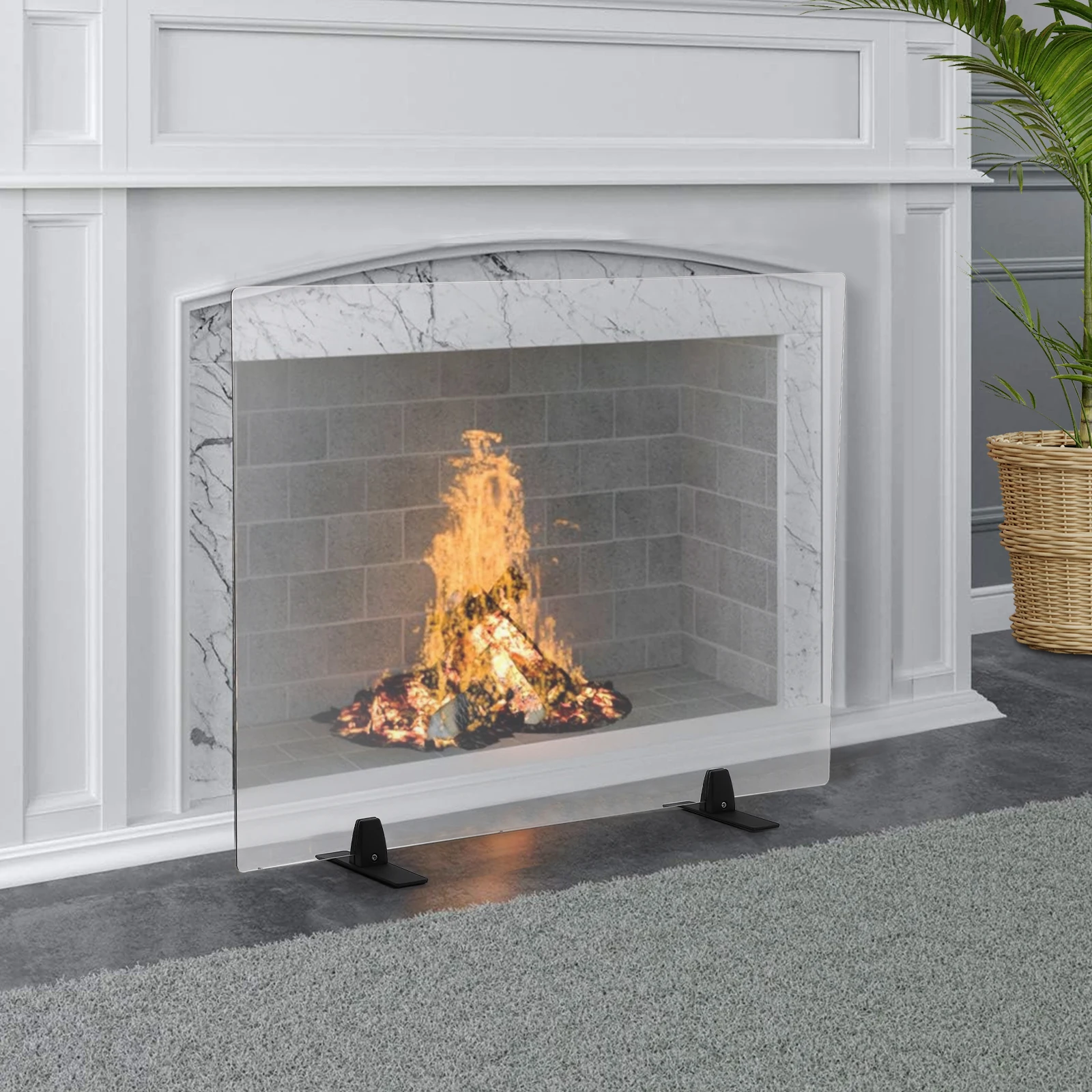 Tempered Glass Fireplace Screen – Clear Heat-Resistant Fire Guard, Black Metal Base, Freestanding Spark Screen for Decorative & Safe Fireplace Use