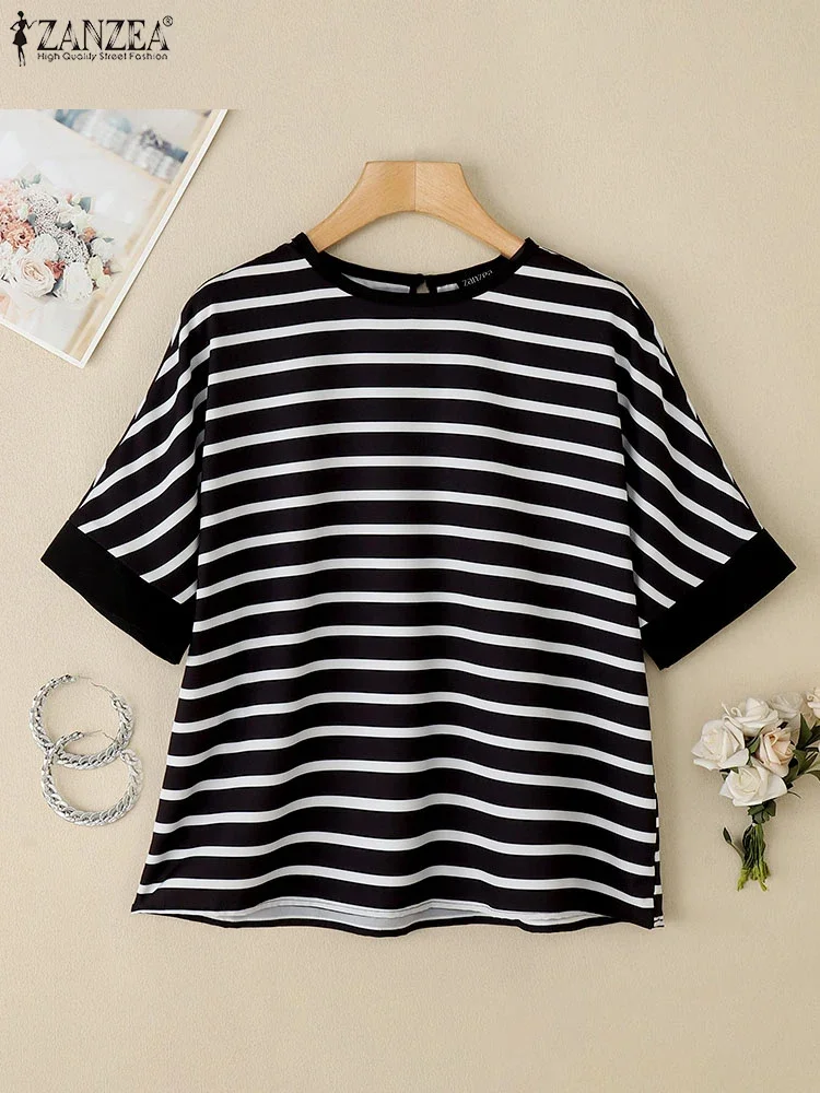 

ZANZEA Casual Round Neck Tops Women Stripe Printed Blouse 2025 Koeran Fashion Short Sleeve Blusas Summer Holiday Baggy Tunics