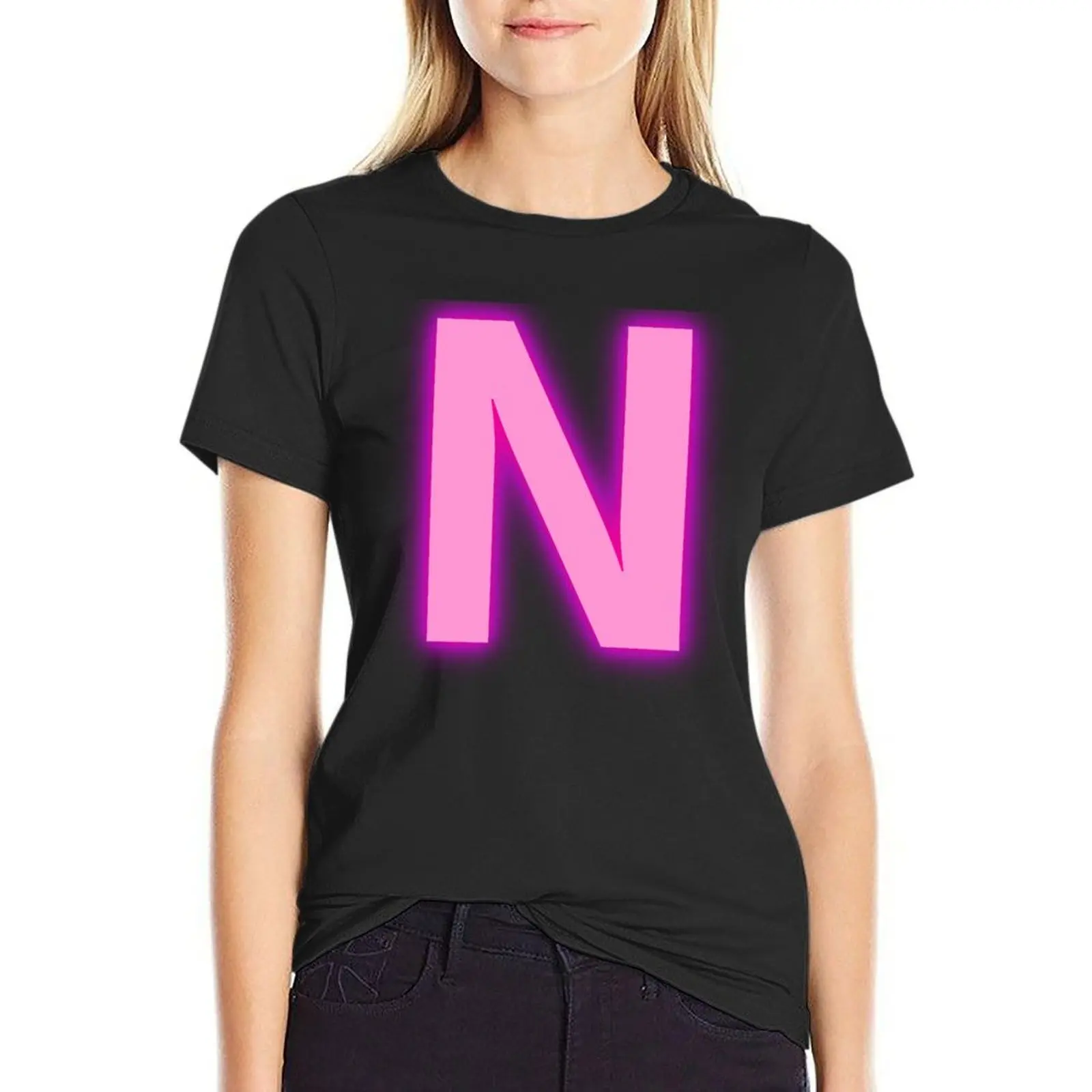 Letter N Pink Neon Lights T-Shirt Blouse customs funny workout t shirts for Women