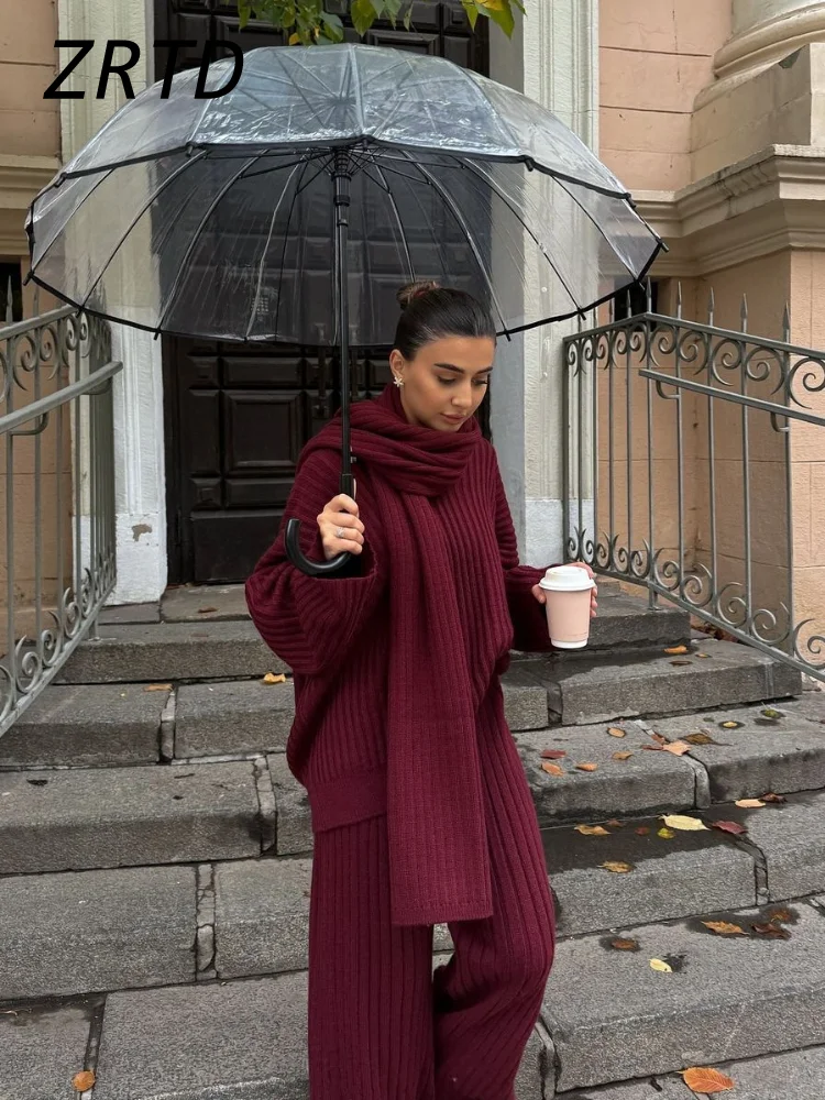 Street Women\'s Burgundy Sweater Pant Set With Scarf Knit Ribbed V-neck Pullover Wide Leg Trouser 2024 Autumn Lady Elegant Outfit